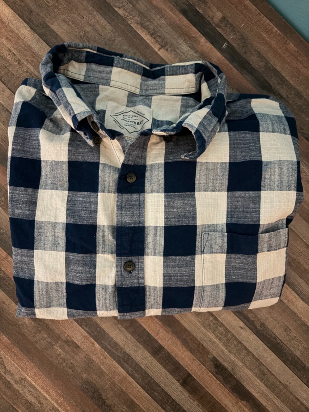 St. John's Bay Navy and White Check Button-Down Shirt